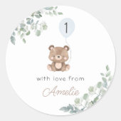 グリーンバルーンテディベアファースト誕生日ニュートラル ラウンドシール (正面)