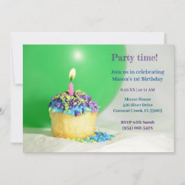 グリーンバルーンブルーカップケーキ誕生日招待状 招待状