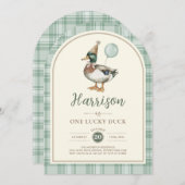 グリーンバルーンワンラッキーダックギンガム1回目の誕生日 招待状 (正面/裏面)