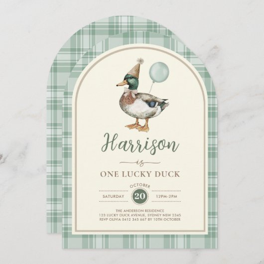 グリーンバルーンワンラッキーダックギンガム1回目の誕生日 招待状 (正面/裏面)