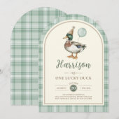 グリーンバルーンワン ラッキーダック ギンガム 1歳の誕生日 招待状 (正面/裏面)