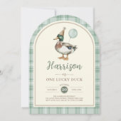 グリーンバルーンワン ラッキーダック ギンガム 1歳の誕生日 招待状 (正面)