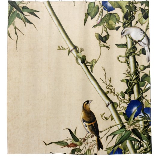 グリーンバンブーアンドモーニンググローリーファインアート シャワーカーテン (正面)