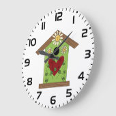 グリーンバードハウスとハートとデイジー ラージ壁時計 (傾斜)