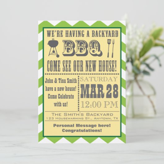 グリーンバーベキュー引っ越し祝いパーティー招待状 招待状 (スタンド正面)