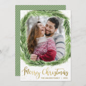 グリーンパインとゴールドフォイルフォトクリスマスカード シーズンカード (正面/裏面)