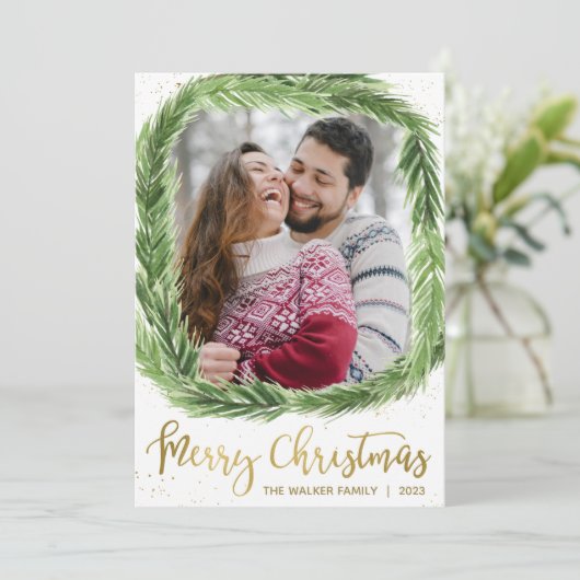 グリーンパインとゴールドフォイルフォトクリスマスカード シーズンカード (スタンド正面)
