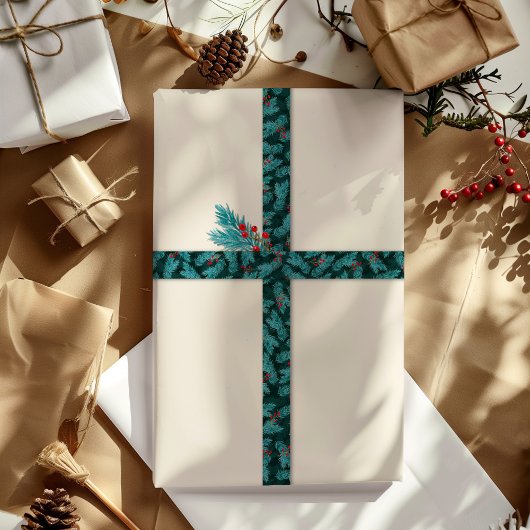 グリーンパインの小枝と赤い果実のクリスマスパターン サテンリボン