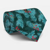 グリーンパインの小枝と赤い果実のクリスマスパターン ネクタイ (ロール)