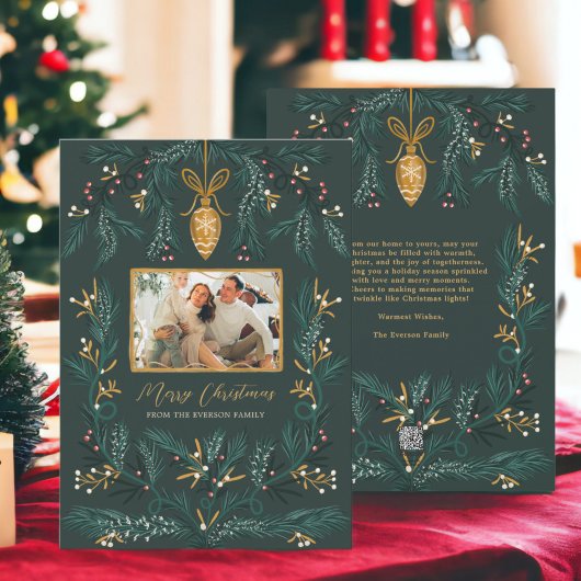 グリーンパインイラストレーション金ゴールド写真メリークリスマス シーズンカード