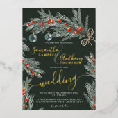 グリーンパインクリスマス冬の写真結婚の写真 箔招待状 (正面)