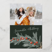 グリーンパインクリスマス冬の写真結婚の写真 箔招待状 (裏面)