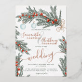 グリーンパインクリスマス冬の写真結婚の写真 箔招待状 (正面)