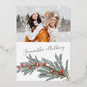 グリーンパインクリスマス冬の写真結婚の写真 箔招待状 (裏面)