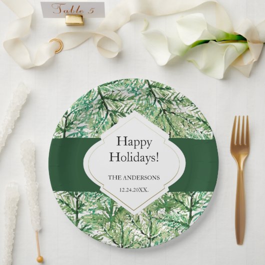 グリーンパインツリーウォーターカラーアート ペーパープレート (ウェディング)