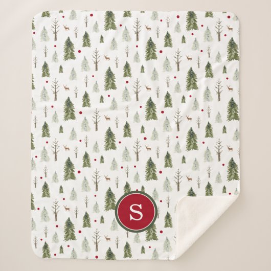 グリーンパイン冬の森の水の色モノグラム シェルパブランケット (正面)