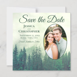 グリーンパイン素朴オーバルフォトウェディング日付を保存 マグネット招待状