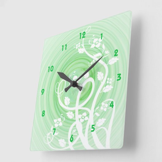 グリーンパステルらせん状フィリグリー&フラワーズ スクエア壁時計 (傾斜)