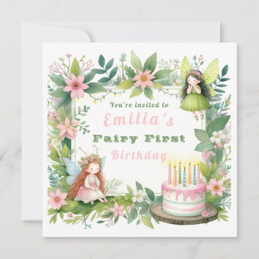 グリーンパステルフェアリーファースト誕生日- 招待状 (正面)