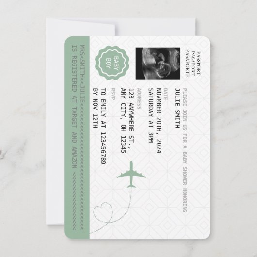 グリーンパスポート旅行少年ベビーシャワー世界地図 招待状 (裏面)