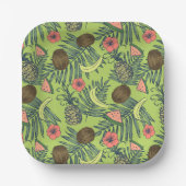 グリーンパターンにトロピカルフルーツスケッチ ペーパープレート (正面)