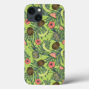 グリーンパターンにトロピカルフルーツスケッチ iPhone 13ケース