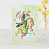 グリーンパロットとピンクのアカシアの花 ヴィンテージ カード (黄色い花)