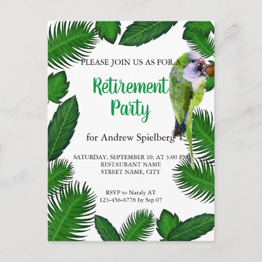 グリーンパロット葉とパームの退職案内 ポストカード (正面)