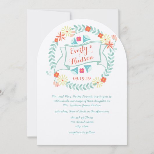 グリーンパーソナライズされたとピンクガーランド結婚ズ 招待状 (正面)