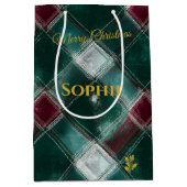 グリーンパーソナライズされたとブルゴーニュの格子模様のクリスマスマスト ミディアムペーパーバッグ (正面)