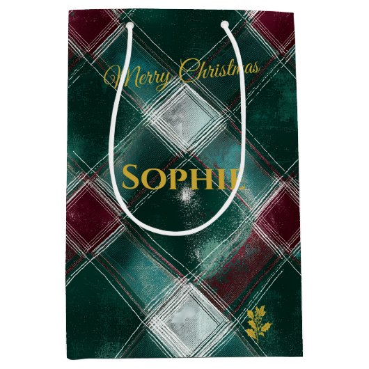 グリーンパーソナライズされたとブルゴーニュの格子模様のクリスマスマスト ミディアムペーパーバッグ (正面)