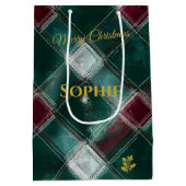 グリーンパーソナライズされたとブルゴーニュの格子模様のクリスマスマスト ミディアムペーパーバッグ (裏面)