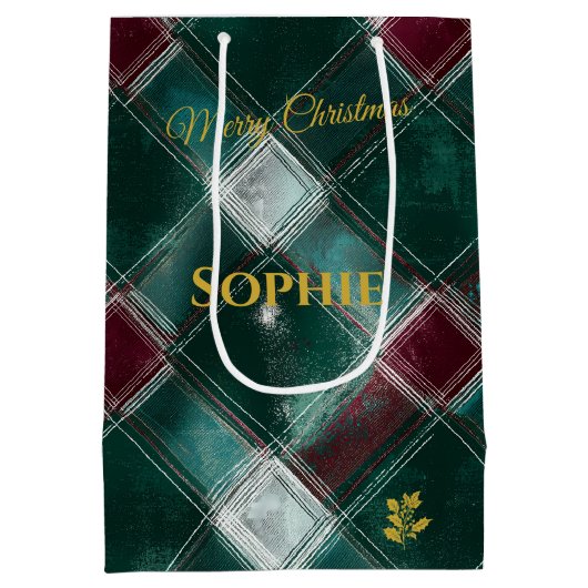 グリーンパーソナライズされたとブルゴーニュの格子模様のクリスマスマスト ミディアムペーパーバッグ (裏面)