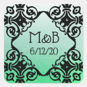 グリーンパーソナライズされたの日結婚付とイニシャルシール スクエアシール (正面)