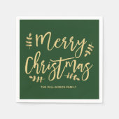 グリーンパーソナライズされたクリスマスナプキンス、金ゴールド文字 スタンダードカクテルナプキン (正面)