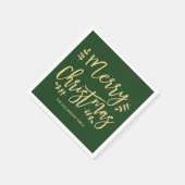 グリーンパーソナライズされたクリスマスナプキンス、金ゴールド文字 スタンダードカクテルナプキン (角)