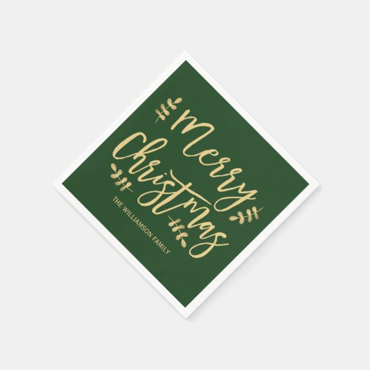 グリーンパーソナライズされたクリスマスナプキンス、金ゴールド文字 スタンダードカクテルナプキン (角)