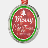 グリーンパーソナライズされたストライプ《写真》ぼけ味クリスマス メタルオーナメント (左)