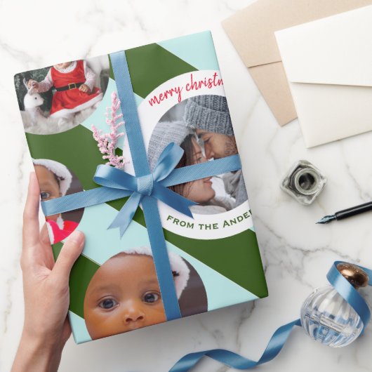 グリーンパーソナライズされたストライプFAB 3枚フォトクリスマス ラッピングペーパー (ギフト)