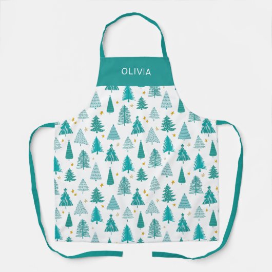 グリーンパーソナライズされたティール（緑がかった色）クリスマスツリーキッチン エプロン (正面)