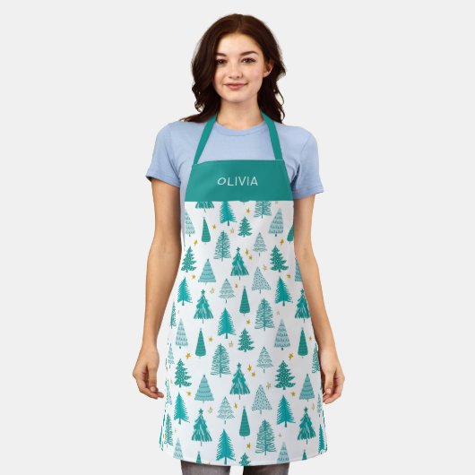 グリーンパーソナライズされたティール（緑がかった色）クリスマスツリーキッチン エプロン (着用した状態)
