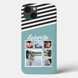グリーンパーソナライズされたティール（緑がかった色）ストライプパターン白黒 iPhone 13ケース