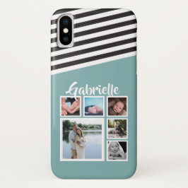 グリーンパーソナライズされたティール（緑がかった色）ストライプパターン白黒 iPhone 13ケース