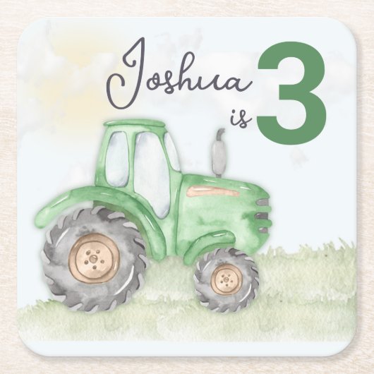 グリーンパーソナライズされたトラクターテーマ紙コースター スクエアペーパーコースター (正面)
