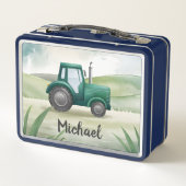 グリーンパーソナライズされたトラクターファーム水の色キッズミー メタルランチボックス (裏面)