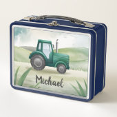 グリーンパーソナライズされたトラクターファーム水の色キッズミー メタルランチボックス (正面)