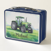 グリーンパーソナライズされたトラクターファーム水の色キッズ メタルランチボックス (裏面)