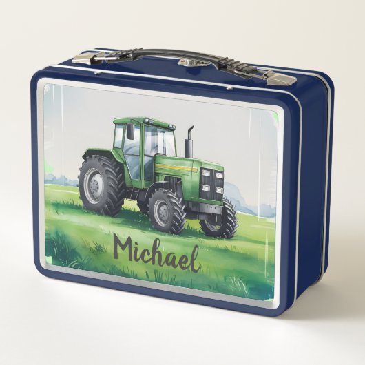 グリーンパーソナライズされたトラクターファーム水の色キッズ メタルランチボックス (裏面)
