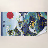 グリーンパーソナライズされたドラゴンブルーウェーブレッドサン ビーチタオル (正面)