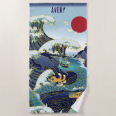 グリーンパーソナライズされたドラゴンブルーウェーブレッドサン ビーチタオル (正面)